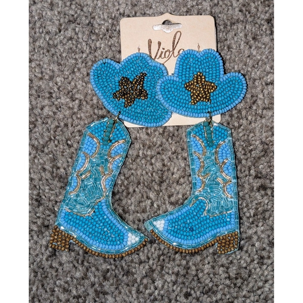 Cowgirl Earrings Turquoise Blue Beaded Cowboy Hat Boot‎ Western Style Dangle NWT